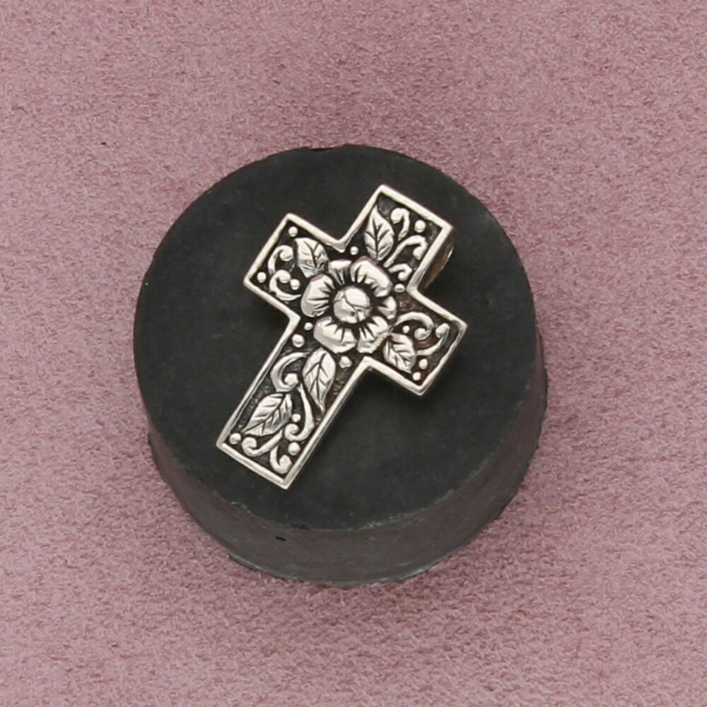 sterling silver vintage carved floral cross pendant